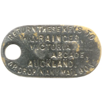 Token Key Tag - W.J. Rainger (Victoria Arcade - Auckland) ND front