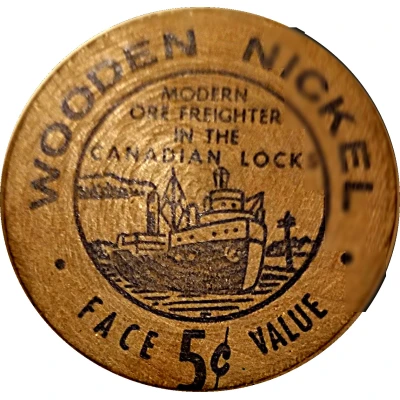 Wooden Nickel - Soo Locks Centennial Modern Ore Freighter back